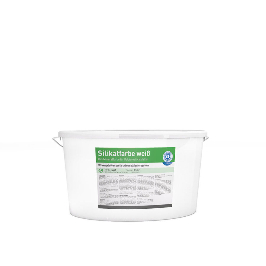 Silikatfarbe / Antischimmelfarbe 5L Eimer in weiß. Bio Mineralfarbe mit blauem Engel für Allergiker.