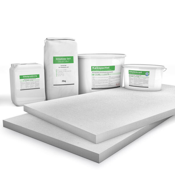 Kombi Sparpack P4 mit 30mm Kalziumsilikatplatten, Silikatgrundierung, Silikatkleber, Kalkspachtel und Silikatfarbe