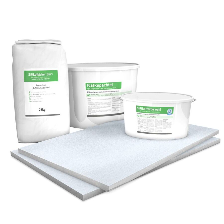 Kombi Sparpack Plus4 25mm (Kalziumsilikatplatten, Silikatgrundierung, Silikatkleber, Kalkspachtel & Silikatfarbe)