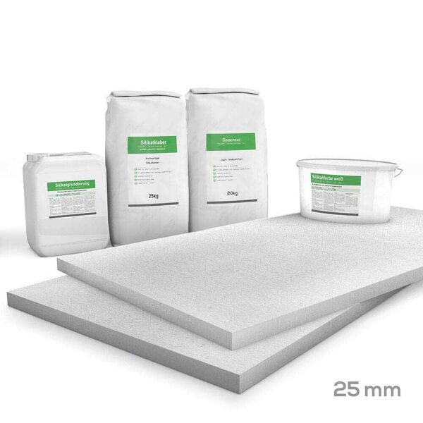 Kombi Sparpack Glatt 25mm (Kalziumsilikatplatten 1.000x1.000x25mm, Grundierung, Kleber, Spachtel & Farbe)