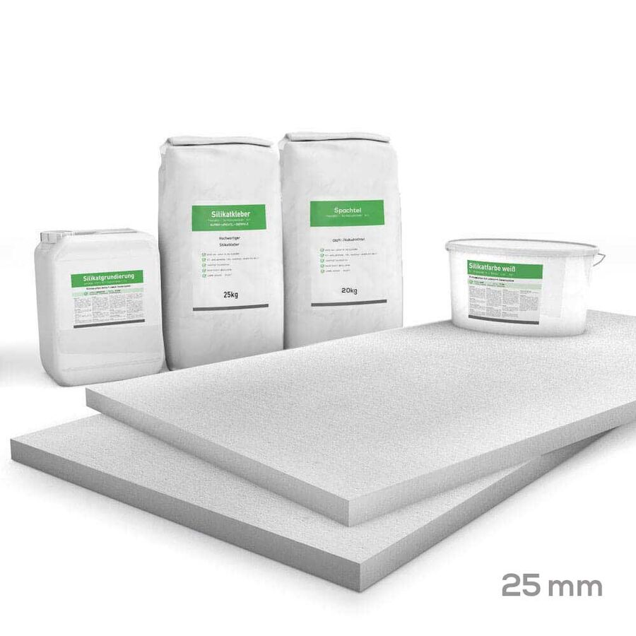 Kombi Sparpack Glatt 25mm (Kalziumsilikatplatten 1.000x1.000x25mm, Grundierung, Kleber, Spachtel & Farbe)