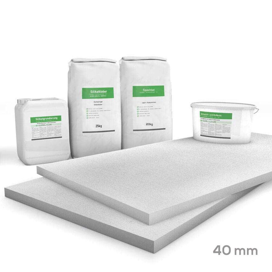 Kombi Sparpack Rau 40mm (Kalziumsilikatplatten 1.000x1.000x40mm, Grundierung, Kleber, Spachtel & Rollputz)