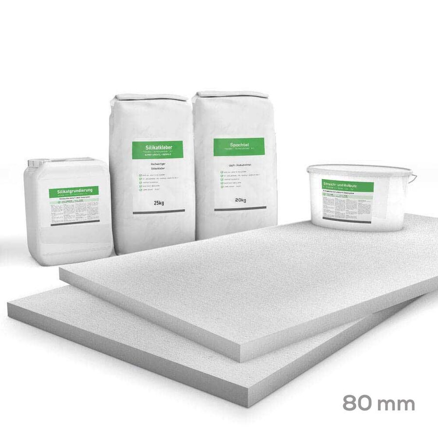 Kombi Sparpack Rau 80mm (Kalziumsilikatplatten 1.000x750x80mm, Grundierung, Kleber, Spachtel & Rollputz)