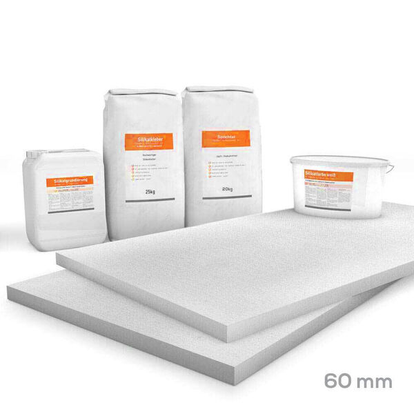 Kombi Sparpack Glatt 60mm (Kalziumsilikatplatten 1.000x750x60mm, Grundierung, Kleber, Spachtel & Farbe)