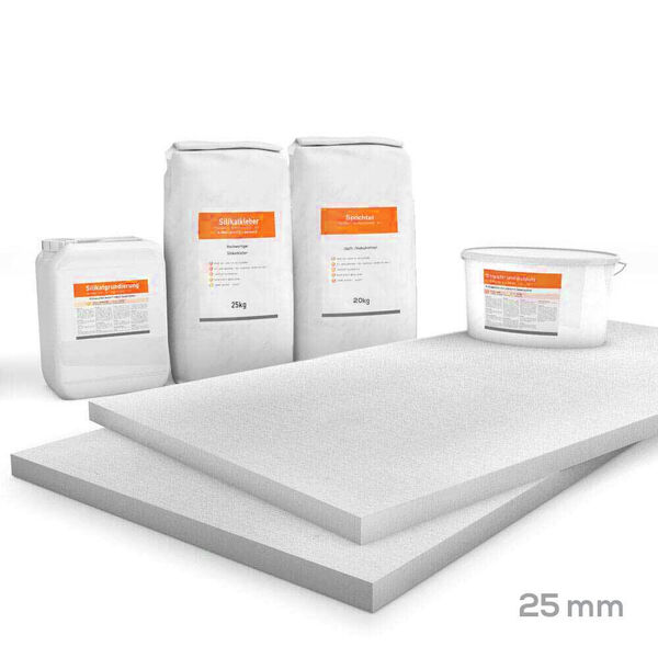 Kombi Sparpack Rau 25mm (Kalziumsilikatplatten 1.000x1.000x25mm, Grundierung, Kleber, Spachtel & Rollputz)